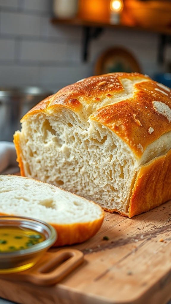 Easy Gluten-Free Bread Recipe A golden-brown loaf of gluten-free bread sliced on a cutting board, with olive oil and herbs in the background.